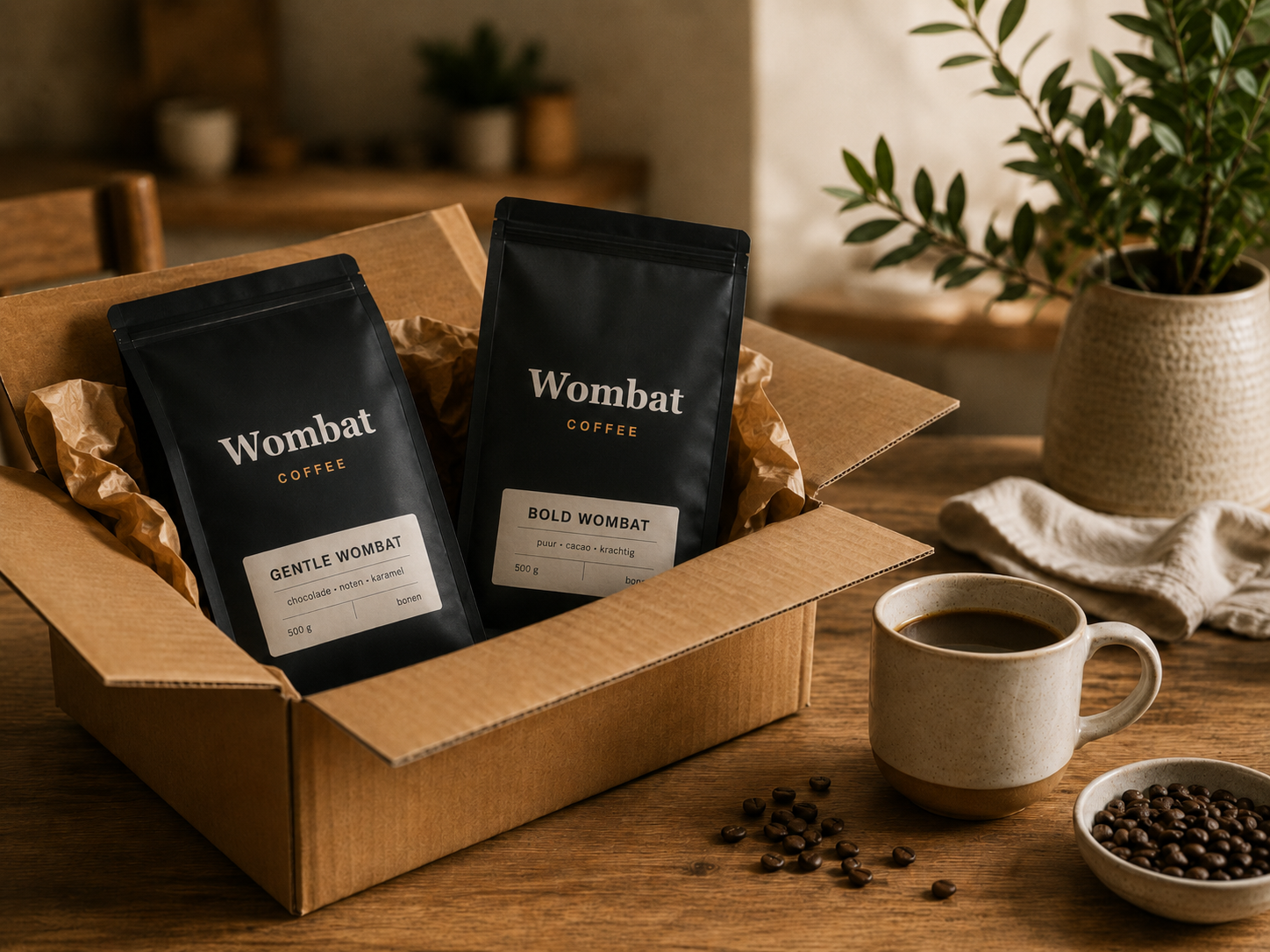Gentle en Bold Wombat samen verpakt voor een koffieabonnement